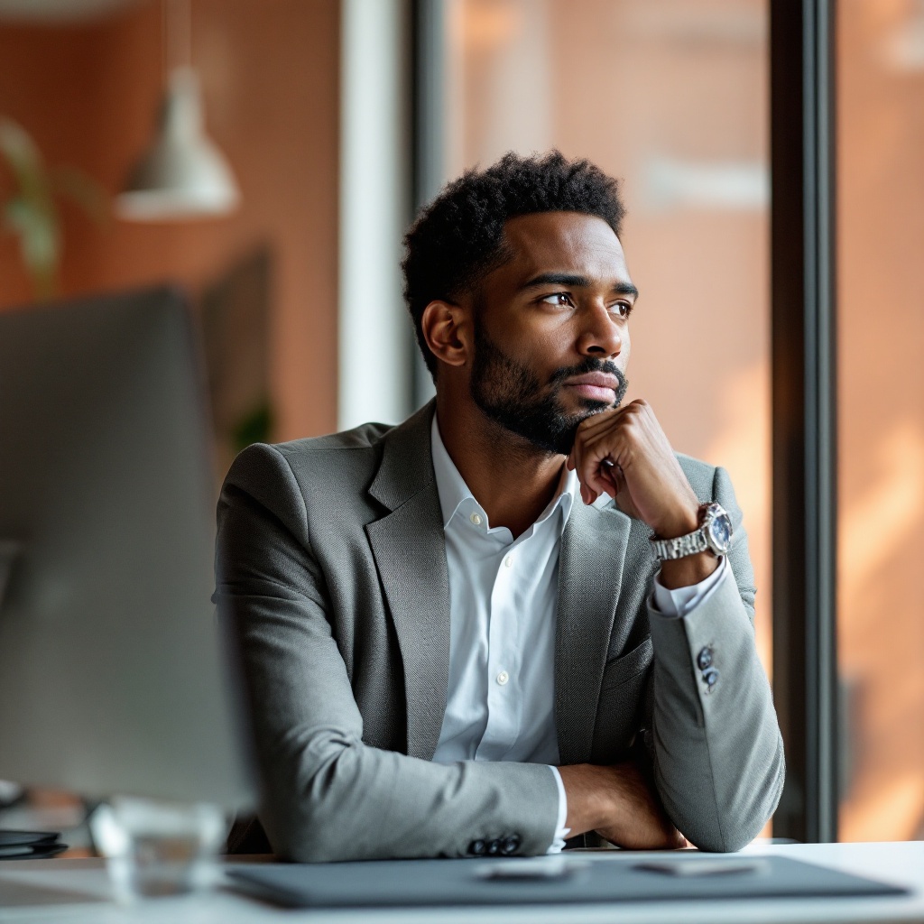 alt="Reflective business professional in grey suit gazing thoughtfully through window, representing high achievers seeking authentic connection"