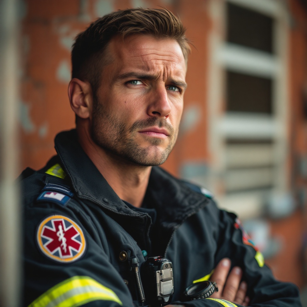 alt="Dedicated paramedic in uniform with EMT badge, showing both strength and emotional depth, representing first responders who balance professional demands with personal wellbeing"