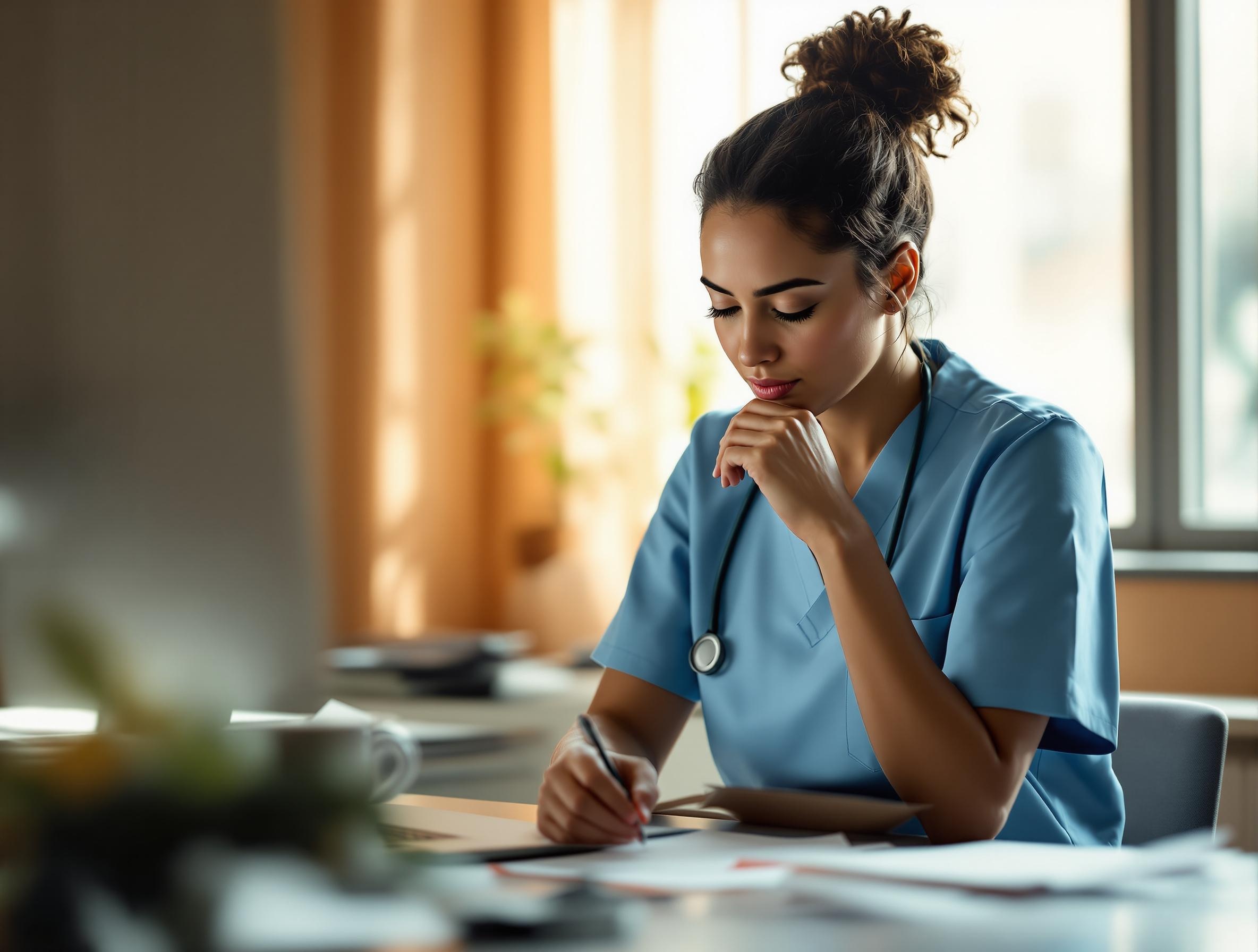 Healthcare professional sitting thoughtfully at desk, representing perfectionism in healthcare professionals and burnout. Natural lighting creates warm, contemplative atmosphere in office setting.