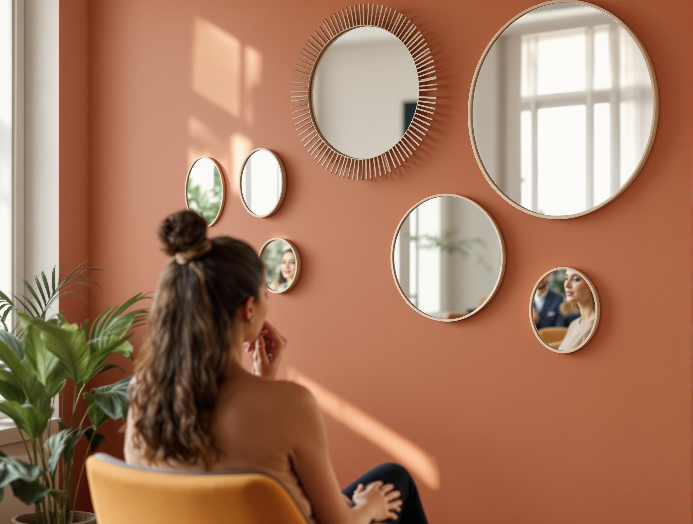 Person in therapy office viewing multiple reflections in elegantly arranged mirrors on terra cotta wall, representing Internal Family Systems therapy parts work
