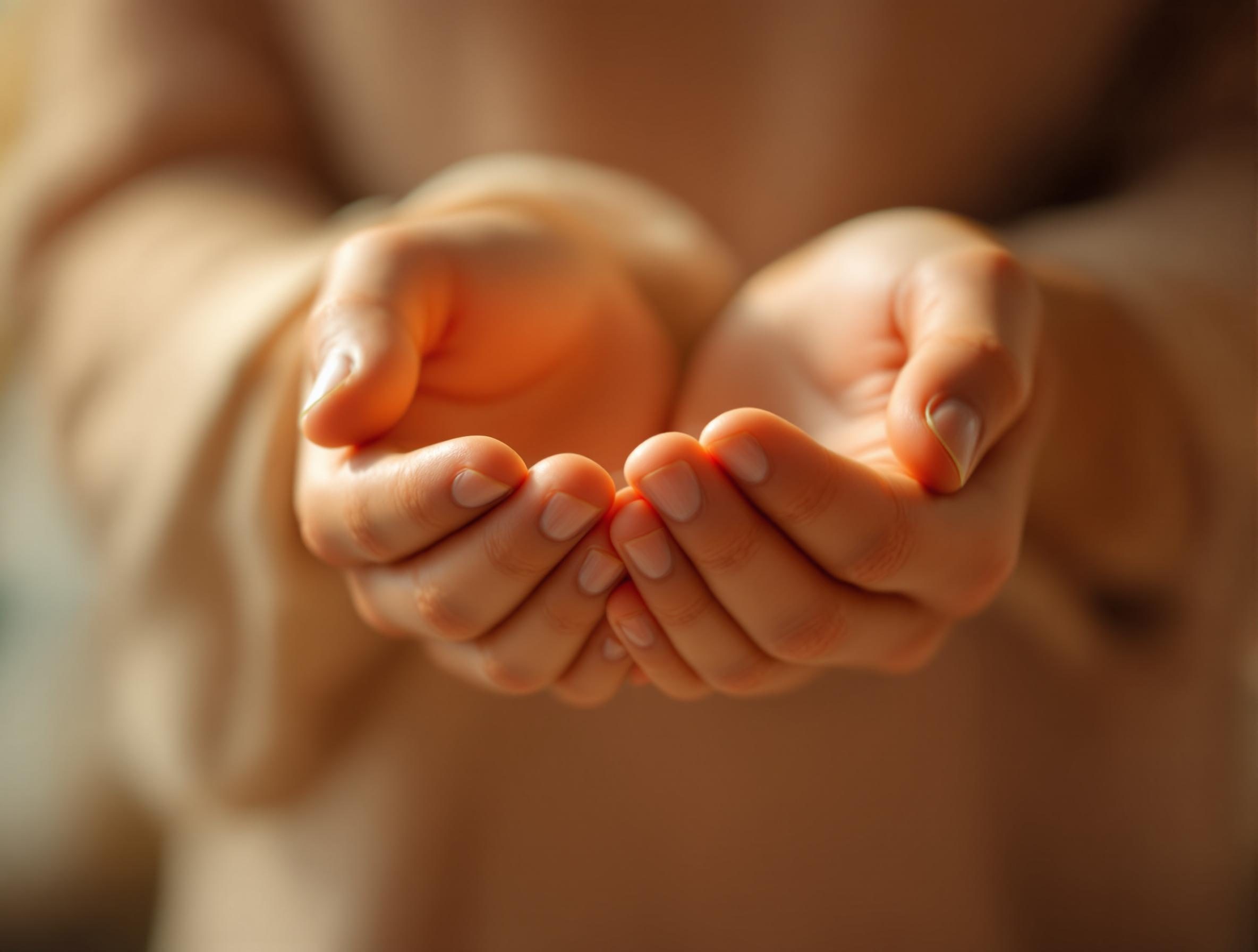 Gentle cupped hands in a receiving position, bathed in warm terra cotta lighting. The hands suggest both holding space and receptivity, symbolizing how the body holds memories even when they're unclear. The soft gradient background transitions from cream to clay, using Lumus brand colors to create a sense of safety and containment.