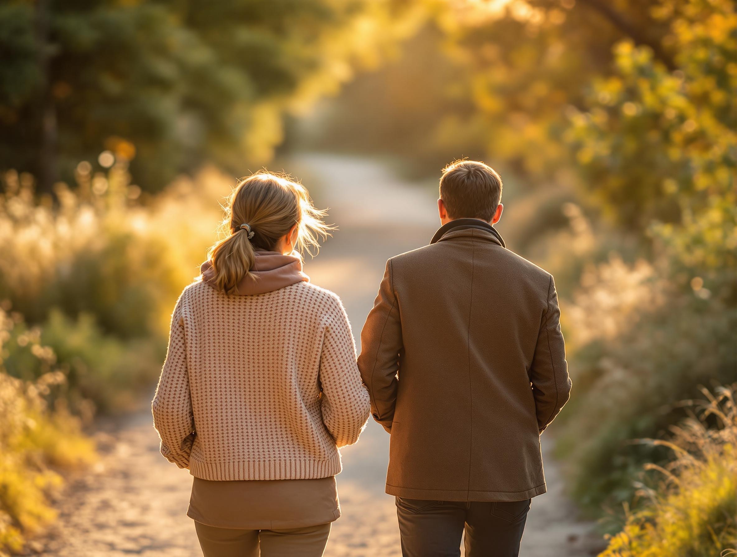 A warm, professional photograph of two people walking along a sunlit path. The scene is bathed in terra cotta tones, with natural shadows and depth. The composition captures an authentic moment of connection and conversation, symbolizing the therapeutic journey as fellow travelers.