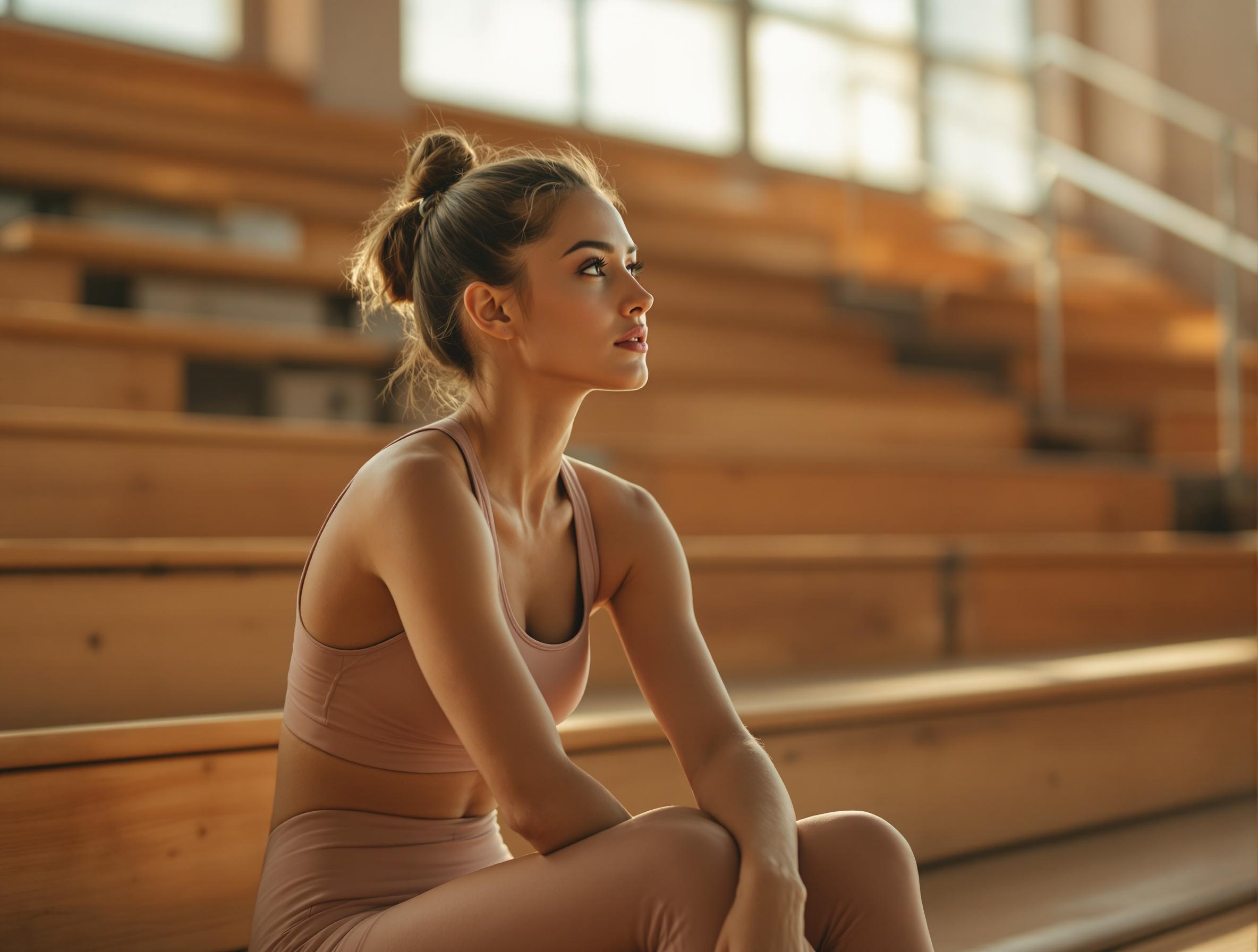 A female athlete sits thoughtfully on wooden gym bleachers, bathed in warm natural light. The scene captures a moment of reflection and mental preparation, embodying the balance between athletic achievement and emotional wellbeing. The image features Lumus Counselling's signature terra cotta and cream tones.
