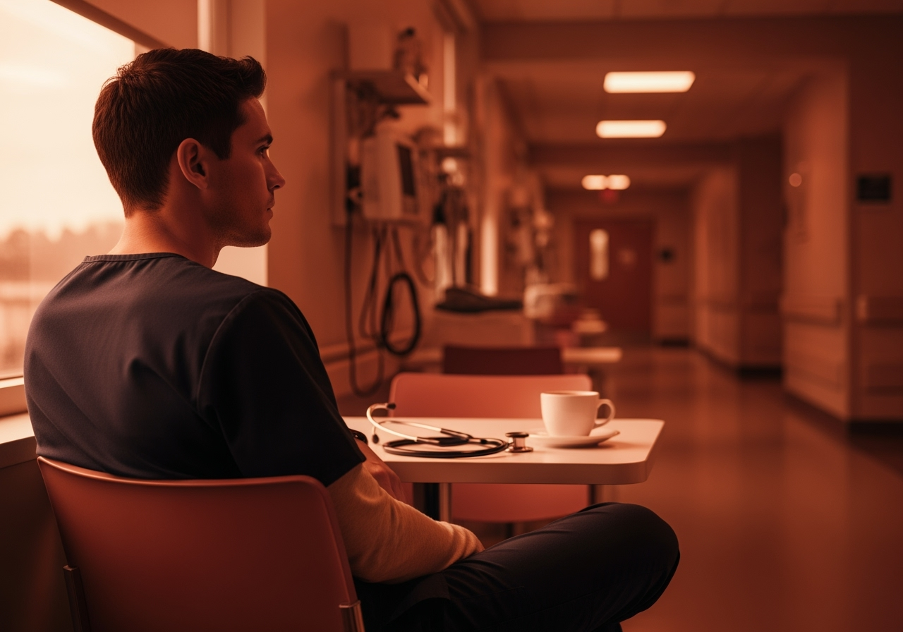Healthcare worker experiencing moral injury after patient loss - contemplative moment of reflection in hospital setting
